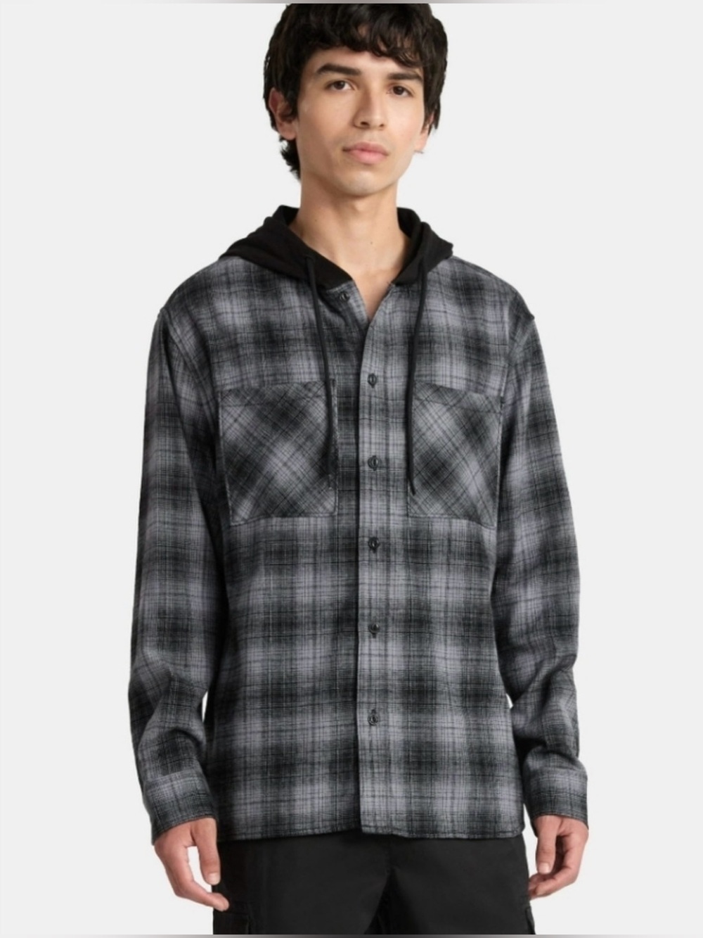 Size 2XL No Boundaries Black and Gray Hooded Oversized Fit Flannel